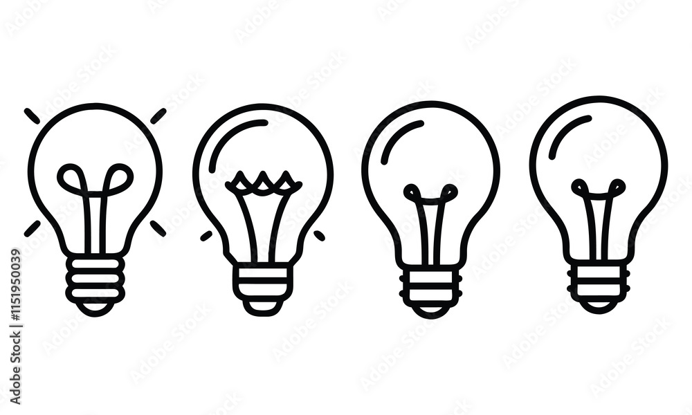Minimalist Light Bulb Icon Set, A collection of four light bulb icons in black-and-white line art style, symbolizing ideas, innovation, creativity, and energy solutions.
Minimalist Light Bulb Icon Set, A collection of four light bulb icons in black-and-white line art style, symbolizing ideas, innovation, creativity, and energy solutions.
