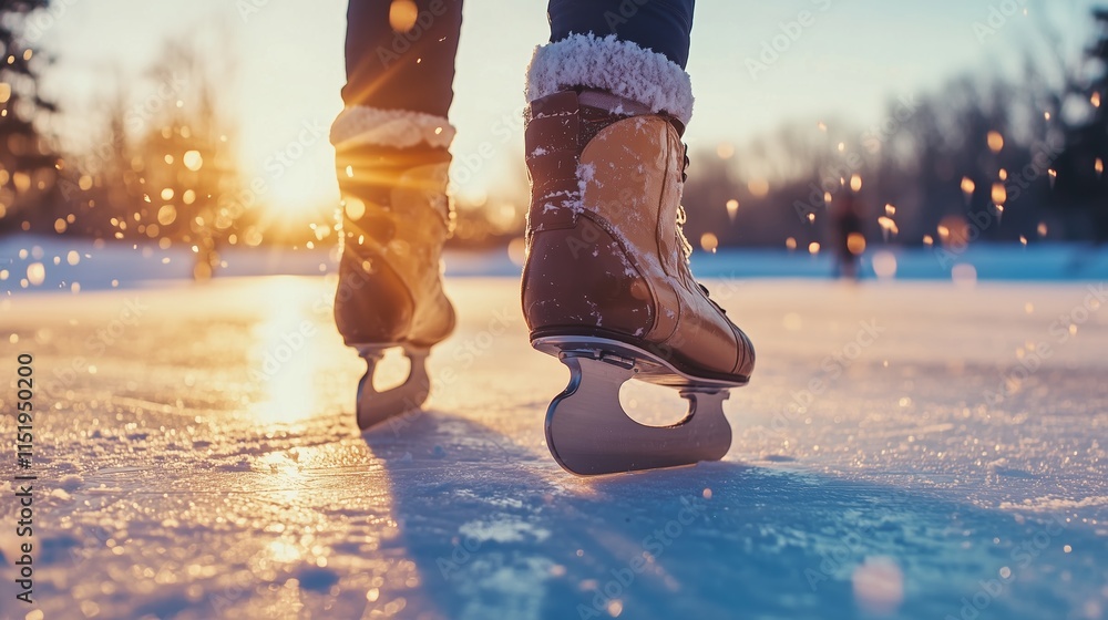 Close-up of a woman's feet on ice skates, skating across an icy lake in winter. Close-up of a woman's feet on ice skates, skating across an icy lake in winter.