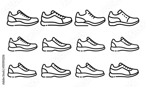 Minimalist Sneaker Icon Set, A collection of twelve sneaker icons in clean, black-and-white line art style, perfect for sports, footwear, fashion, and fitness themes.
