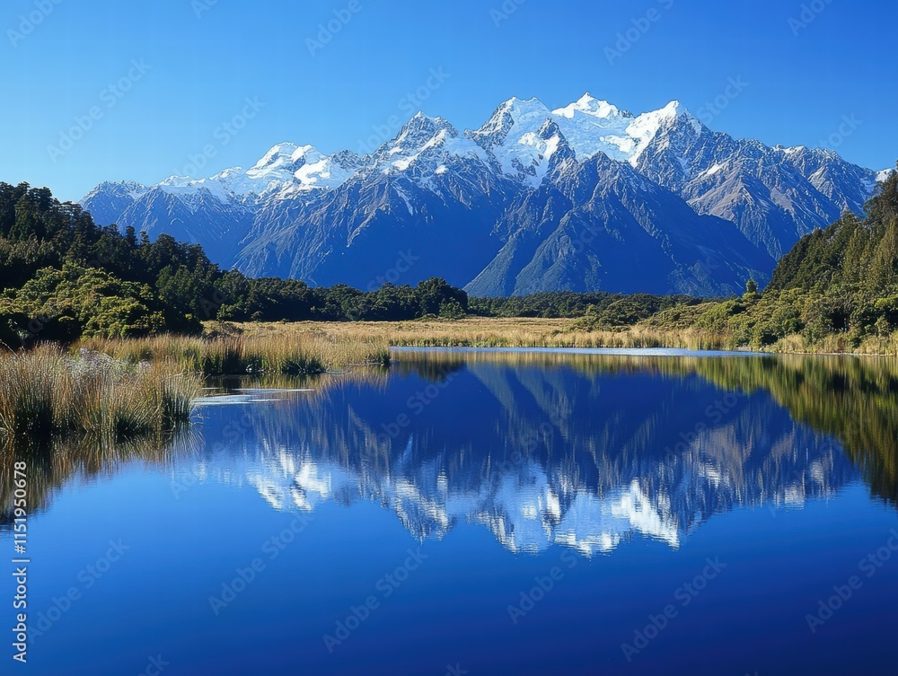 Scenic Mountain Landscape with Reflections in Calm Lake Water Scenic Mountain Landscape with Reflections in Calm Lake Water