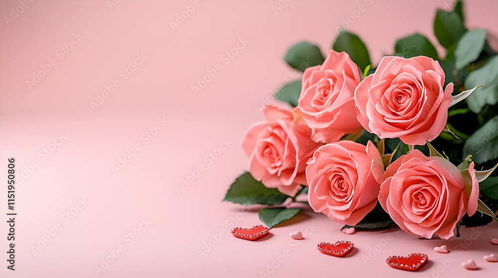 A bouquet of pink roses with green leaves, accompanied by heart-shaped petals, set against a soft pink background. A bouquet of pink roses with green leaves, accompanied by heart-shaped petals, set against a soft pink background.