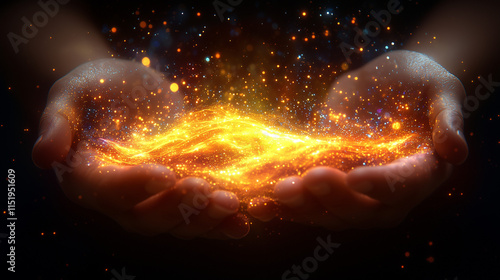 A magical, glowing substance held between two hands, radiating sparks of light and energy, creating a mystical effect.