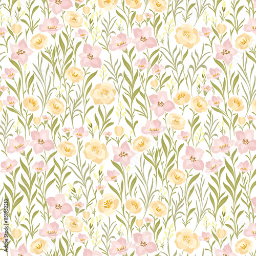 Pretty Pink and Yellow Freesias Allover Flat Style Floral Pattern