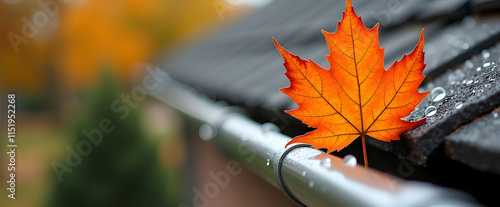 Autumn's Embrace: A vibrant maple leaf rests on a rain-slicked gutter, water droplets clinging to its edges, a picturesque autumn scene. photo