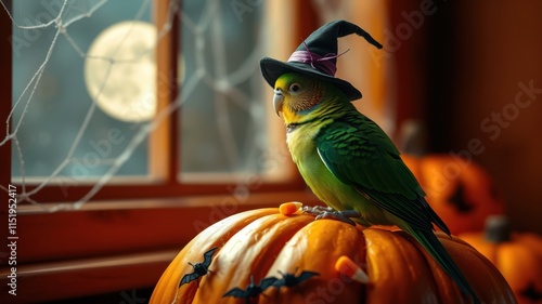 A small green parrot wearing a witch's hat perched on a pumpkin with a backdrop of a window with cobwebs and a full moon