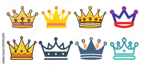 Colorful Crown Icon Collection, A set of eight colorful crown icons in different styles, symbolizing royalty, leadership, luxury, and achievement, ideal for various designs.
