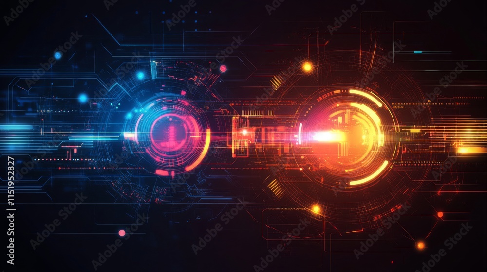 Obraz premium A vibrant abstract image featuring colorful light trails and circular forms, representing digital technology and innovation.