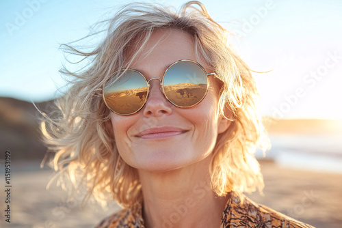 A cheerful blonde woman with wavy hair wearing round sunglasses reflecting the beach at sunset radiating warmth and happiness in natural light  
 photo