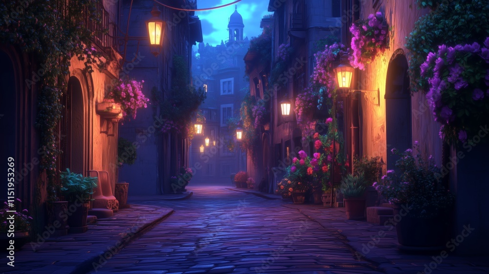 Fototapeta premium A night-time shot of an empty alley in an old city, lit by neon lights and street lamps, creating a cinematic and moody atmosphere