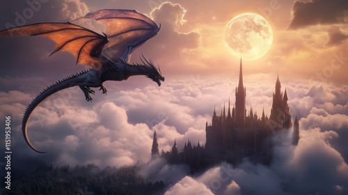 A majestic dragon soaring through the clouds over a fantasy kingdom, with castles, enchanted forests, and a glowing moon in the bg
