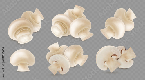 3D mushroom. Vegetable button slice. Champignon pieces. Food product eating. Brown half or whole uncooked fungus. Gourmet boletus and shiitake. Fungi ingredient. Vector isolated set