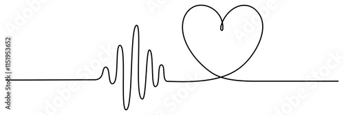 Heartbeat cardiogram continuous line drawing. Heart pulse and rhythm symbol. Healthcare concept. Vector illustration isolated on white.