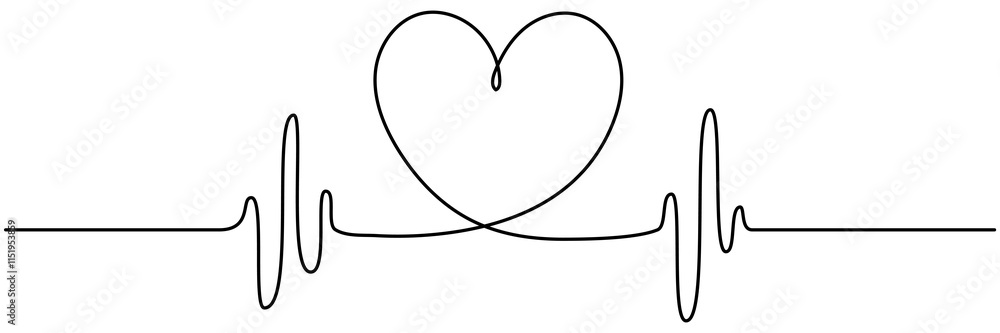 Obraz premium Heartbeat cardiogram continuous line drawing. Heart pulse and rhythm symbol. Healthcare concept. Vector illustration isolated on white.