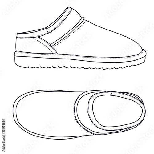 Women's Mules Slip-On House Slippers with Memory Foam shoes Line art, Technical sketch hand drawing outline vector doodle top and side view isolated on white background for coloring page