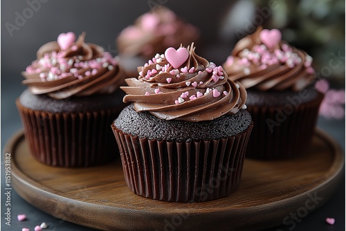 Close-up of delicious chocolate cupcakes adorned with pink hearts. photo