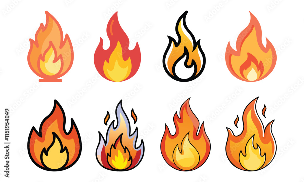 Collection of Fire Flame Icons, A set of eight flame icons in vibrant styles, symbolizing fire, energy, heat, passion, and intensity for various design concepts.
Collection of Fire Flame Icons, A set of eight flame icons in vibrant styles, symbolizing fire, energy, heat, passion, and intensity for various design concepts.