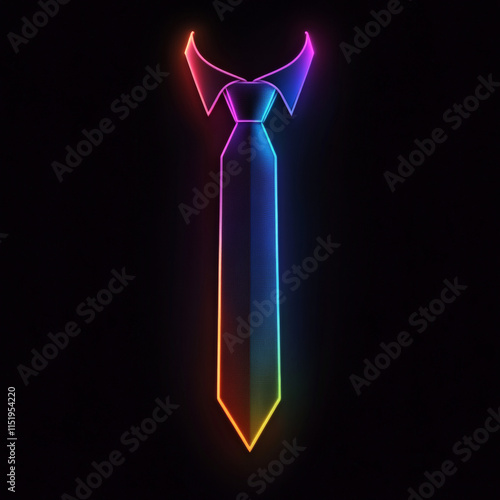 A vibrant neon icon of a necktie, set against a sleek black background photo