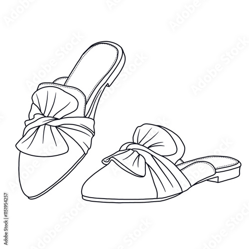 Women's Mules Comfortable Pointed Toe Mules Flats Backless Loafers with Knot shoes Line art, Technical sketch hand drawing outline vector doodle side and front view isolated on white background
