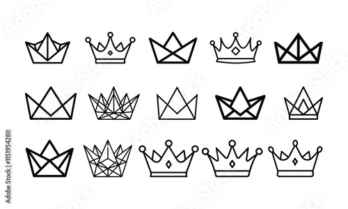 Set of Crown Icons in Minimalist Styles, A collection of fifteen crown icons in clean, minimalist designs, perfect for royalty, leadership, luxury, or victory themes.
