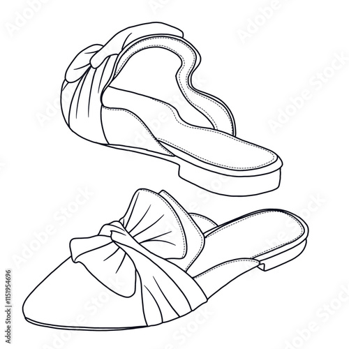 Women's Mules Comfortable Pointed Toe Mules Flats Backless Loafers with Knot shoes Line art, Technical sketch hand drawing outline vector doodle rear and front view isolated on white background