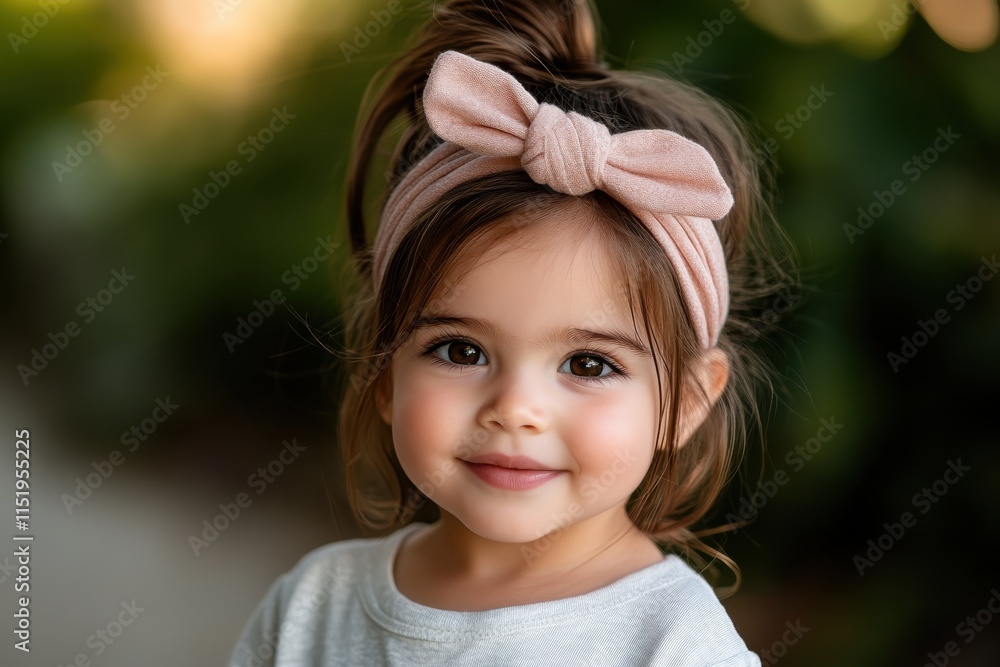 This delightful image captures an adorable child with a joyful smile, styled with a pink headband, set against a lush green backdrop, representing innocence and happiness. This delightful image captures an adorable child with a joyful smile, styled with a pink headband, set against a lush green backdrop, representing innocence and happiness.