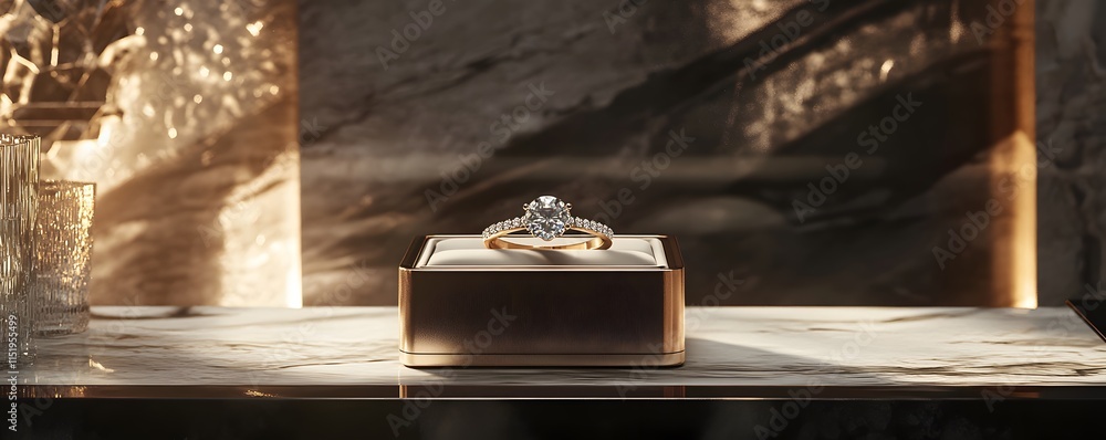A beautifully crafted luxury ring displayed elegantly in a wooden box. This image captures the essence of sophistication and timeless elegance, perfect for showcasing fine jewelry.