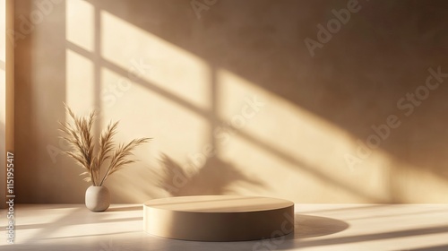 Brown background podium stage for refined product display in a neutral aesthetic empty room with warm earthy tone walls, subtle shadow lighting photo