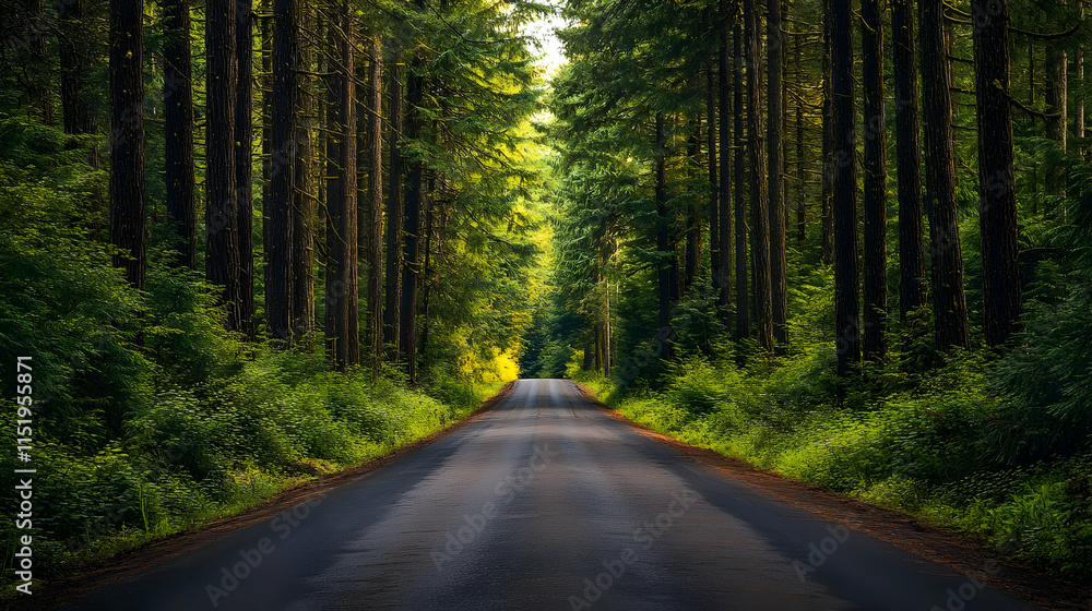 Quiet forest road in Portland Oregon surrounded by tall pine trees and lush green foliage Quiet forest road in Portland Oregon surrounded by tall pine trees and lush green foliage