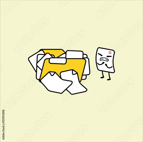 Cartoon illustration depicts a disorganized yellow folder.Vector design. Eps 10.