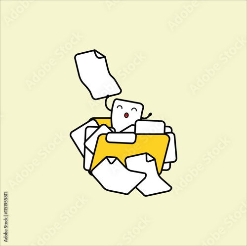 Cartoon illustration depicts a disorganized yellow folder.Vector design. Eps 10.