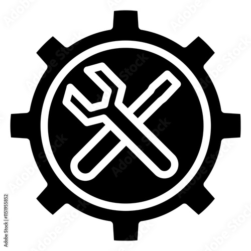 Automation Glyph Icon, Gear Wrench Glyph Icon, Black And White Glyph Icon Symbol