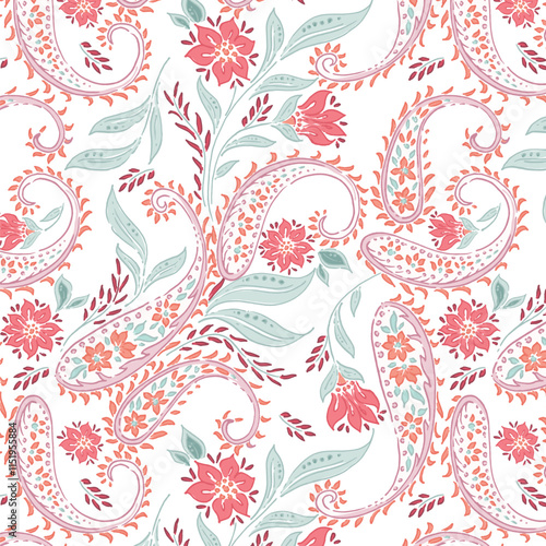 Beautiful Peach and Ice Blue Traditional Paisley allover Pattern