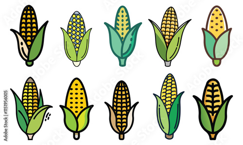 Colorful Corn Icons Collection, A set of ten colorful corn icons in vibrant styles, ideal for food, farming, agriculture, or organic product designs and concepts.
