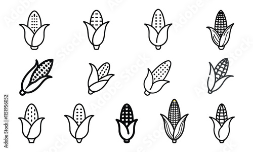 Set of Corn Icons in Minimalist Style, A collection of twelve corn icons in various minimalist styles, perfect for agriculture, food, or farming-related designs and concepts.
