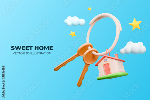 3D house key. Real estate. Apartment mortgage. Townhouse rent. Loan or buy new residential building. Finance or home market process. Render keychain. Cottage purchase. Vector background