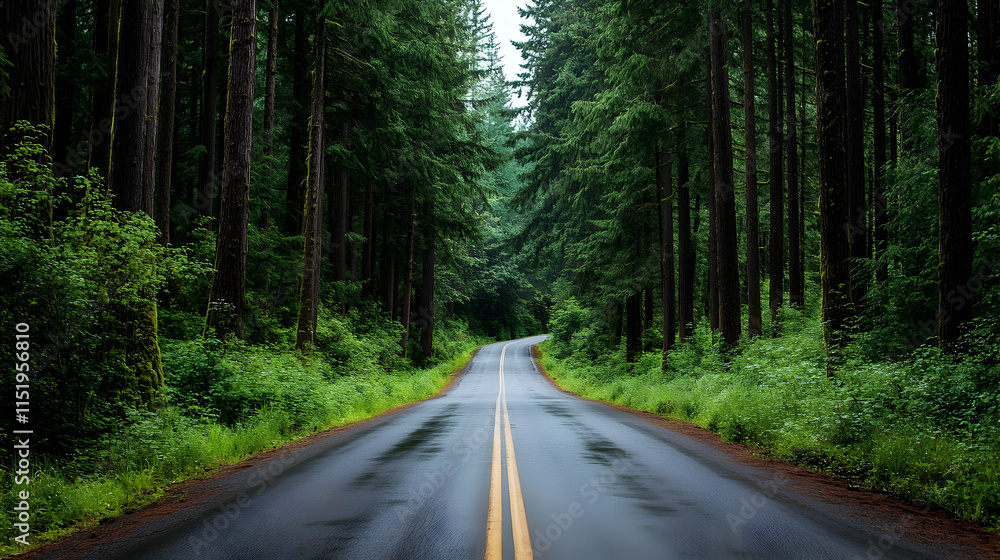 Fototapeta premium Quiet forest road in Portland Oregon surrounded by tall pine trees and lush green foliage