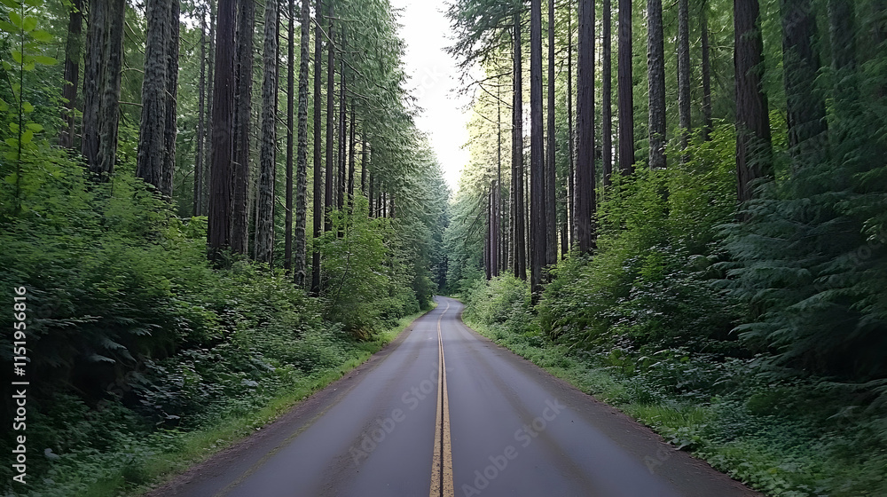 Fototapeta premium Quiet forest road in Portland Oregon surrounded by tall pine trees and lush green foliage
