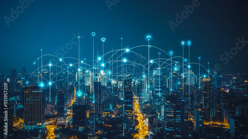 Wallpaper Mural Smart digital city with connection cyber security network reciprocity over the cityscape . future smart wireless digital city and social media networking systems that connects people within the city Torontodigital.ca