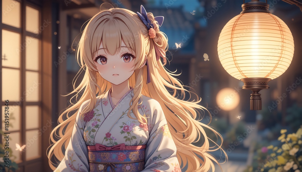Anime Girl in Kimono: Beautiful Blonde Hair, Japanese Lantern Background Anime Girl in Kimono: Beautiful Blonde Hair, Japanese Lantern Background
