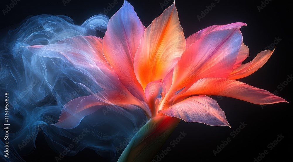 Luminous flower with ethereal smoke trails against a dark background. Luminous flower with ethereal smoke trails against a dark background.