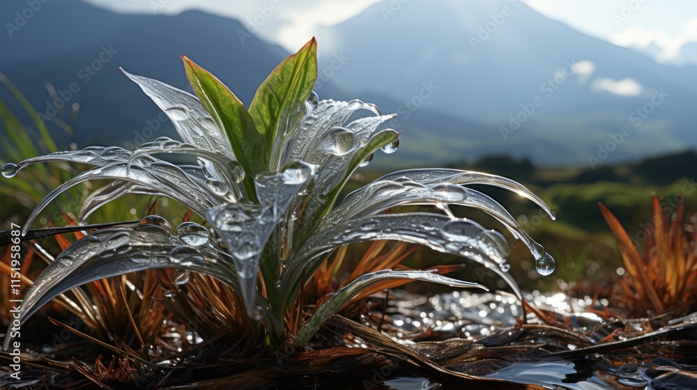 Fototapeta premium Mountain Dewdrops: A Serene Alpine Plant