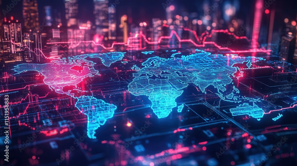 Neon-Circuit Global Trade Map, a vibrant digital representation of financial flows overlaid on a futuristic city skyline, dynamic and engaging Neon-Circuit Global Trade Map, a vibrant digital representation of financial flows overlaid on a futuristic city skyline, dynamic and engaging