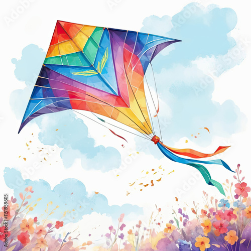 A vibrant rainbow kite soars through a watercolor sky, above a field of colorful flowers.  A joyful image of springtime.