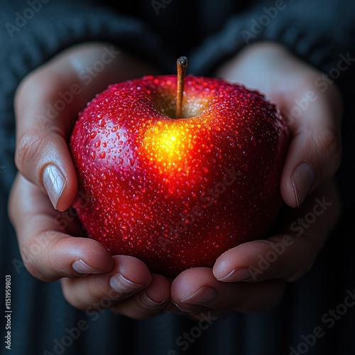 Close-up of hands holding a vibrant red apple with dew droplets glistening. photo