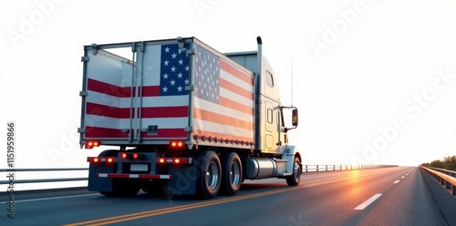 A truck with a large American flag on its tailgate drives down a highway against a white background, transportation, delivery photo