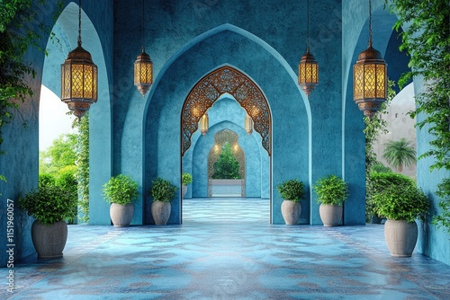 a fantastical and dreamlike scene with Islamic architectural elements. Blue walls adorned with intricate arches frame a majestic entrance, while fluffy clouds float overhead. Golden lanterns hang from
