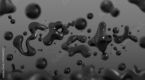 Black liquid background. Abstract fluid ink. Water drops. Oil bubbles. Plastic circle object. Energy splash texture. Blurred gasoline droplets. Curve petrol blotches. Vector design banner