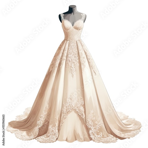 Elegant champagne-colored wedding gown with delicate lace detailing. Perfect for a romantic bridal look.