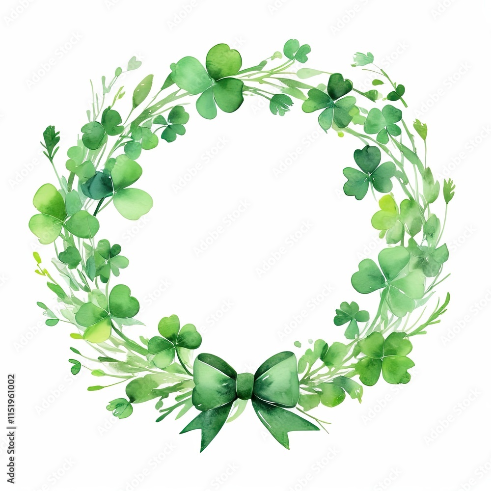 A watercolor wreath of shamrocks and greenery, tied with a vibrant green bow. Perfect for St. Patrick's Day or spring celebrations. A watercolor wreath of shamrocks and greenery, tied with a vibrant green bow. Perfect for St. Patrick's Day or spring celebrations.