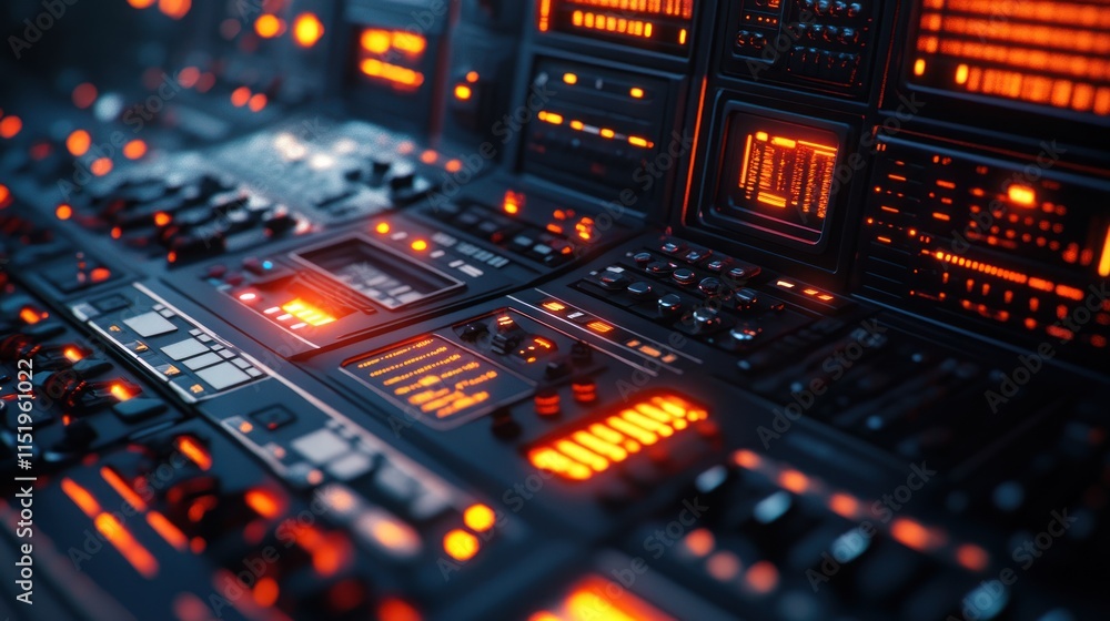A futuristic control panel with glowing buttons, dials, and screens in a dark, high-tech setting. A futuristic control panel with glowing buttons, dials, and screens in a dark, high-tech setting.